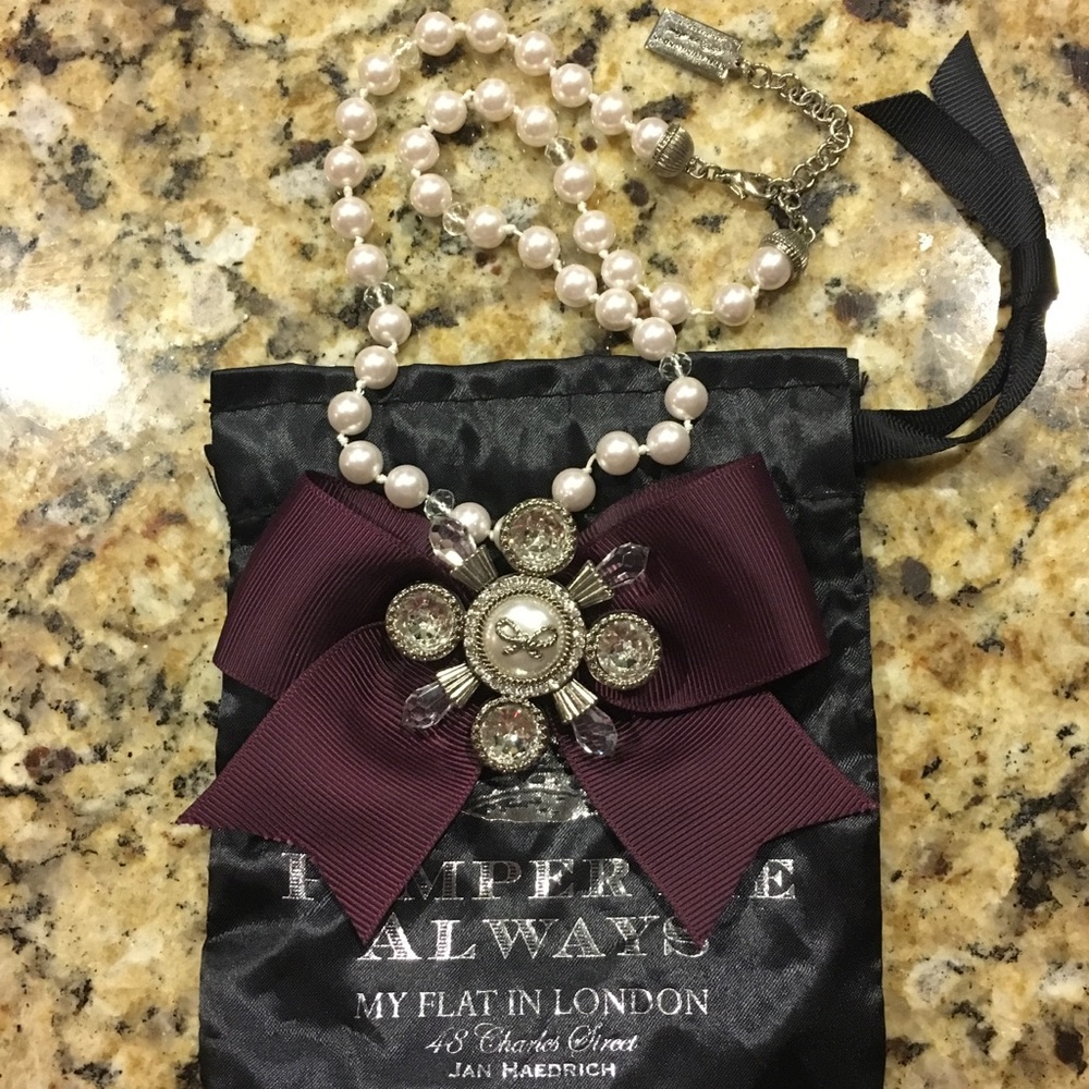 My Flat in London Maroon Bow Necklace NWOT